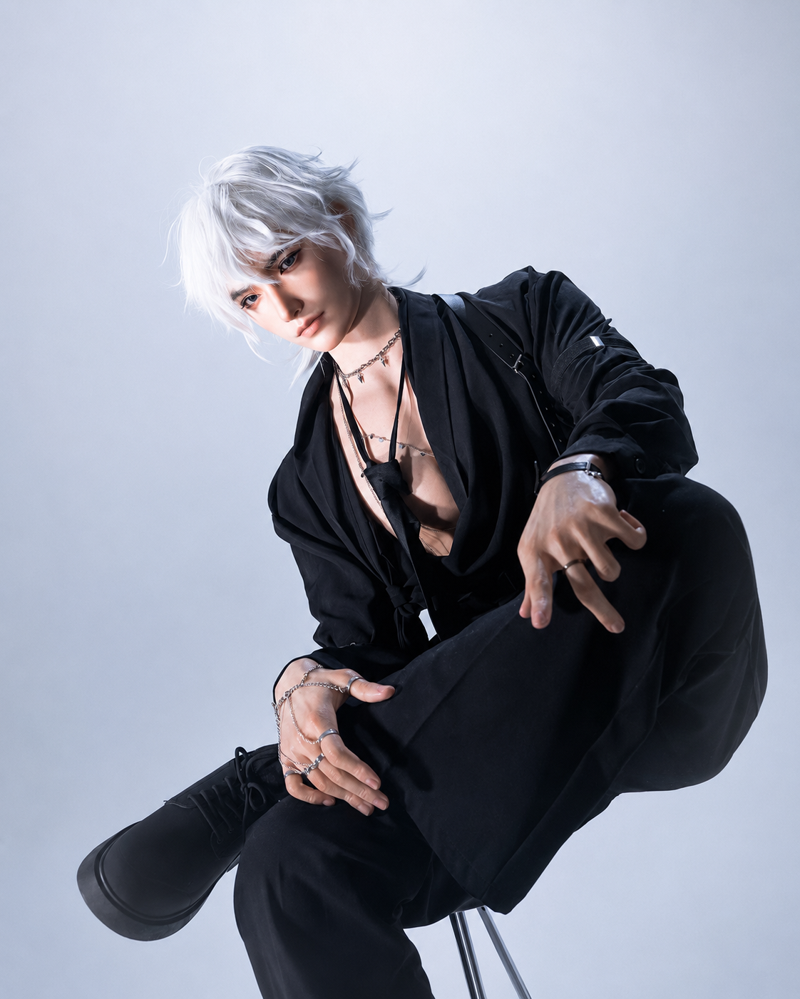 190cm Silver-Haired Anime Goth Male Silicone Sex Doll